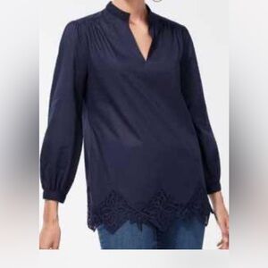 Chico's Dark Blue Blouse with Intricate Lace Detail